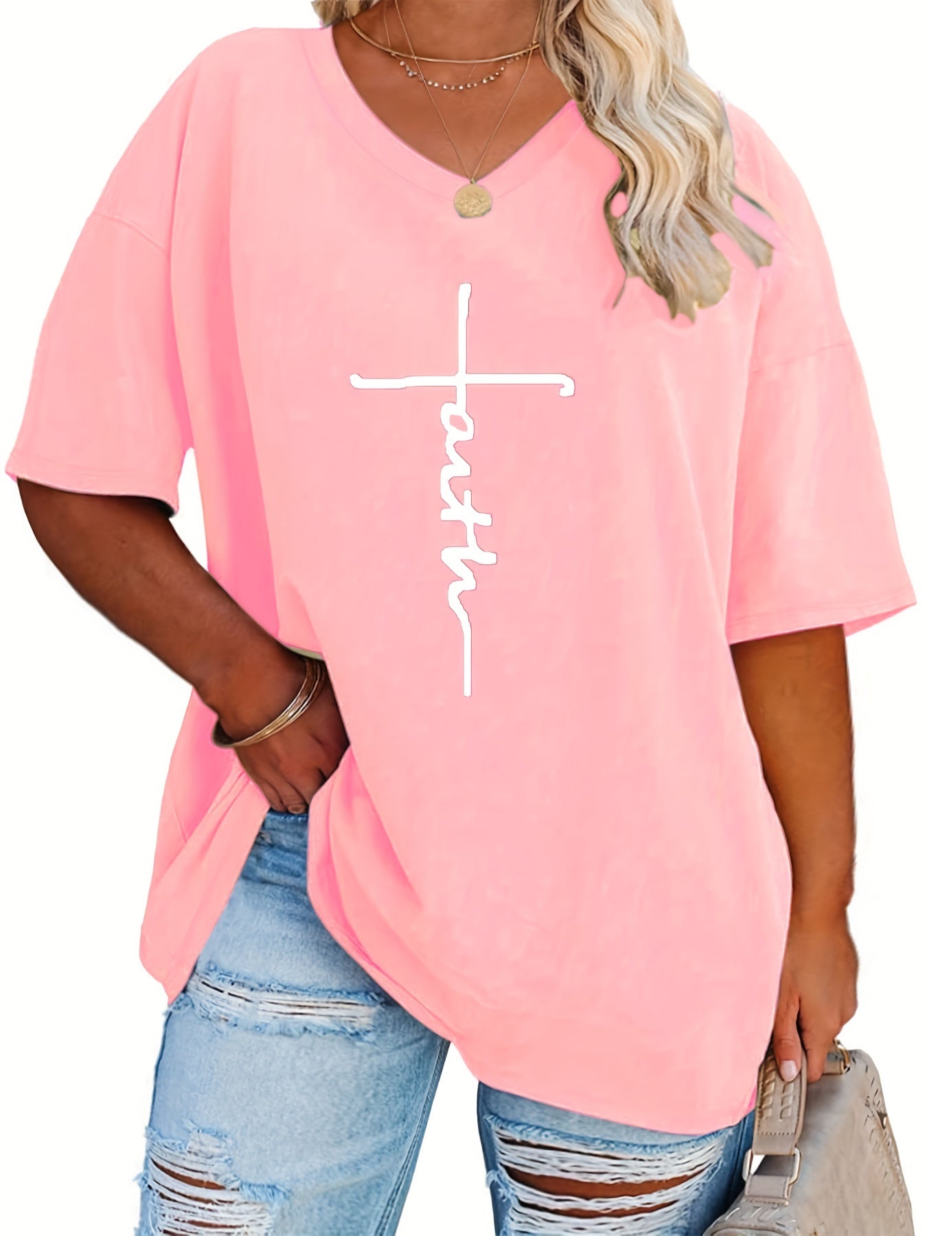 Plus Size Womens V Neck Casual T-shirt - Soft Slight Stretch Polyester Fabric, Alphabets Letter Print, Short Sleeve, Machine Washable - Perfect for Summer
