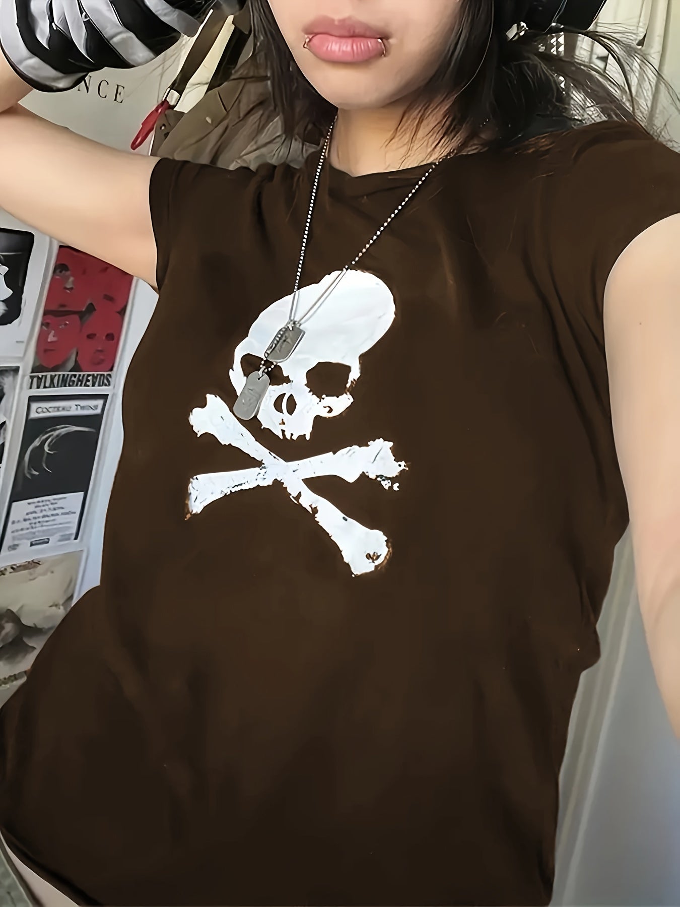 Skull Print Crop T-Shirt, Casual Crew Neck Short Sleeve T-Shirt For Spring & Summer, Women's Clothing For Y2K/Grunge Style