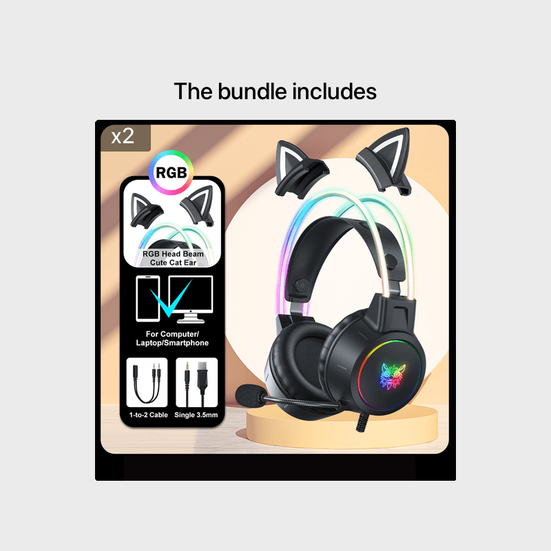 ONIKUMA X15pro Cat Ears Gaming Headset with LED Light-Up Headband, Wired, Noise-Canceling Mic for PC & Laptop