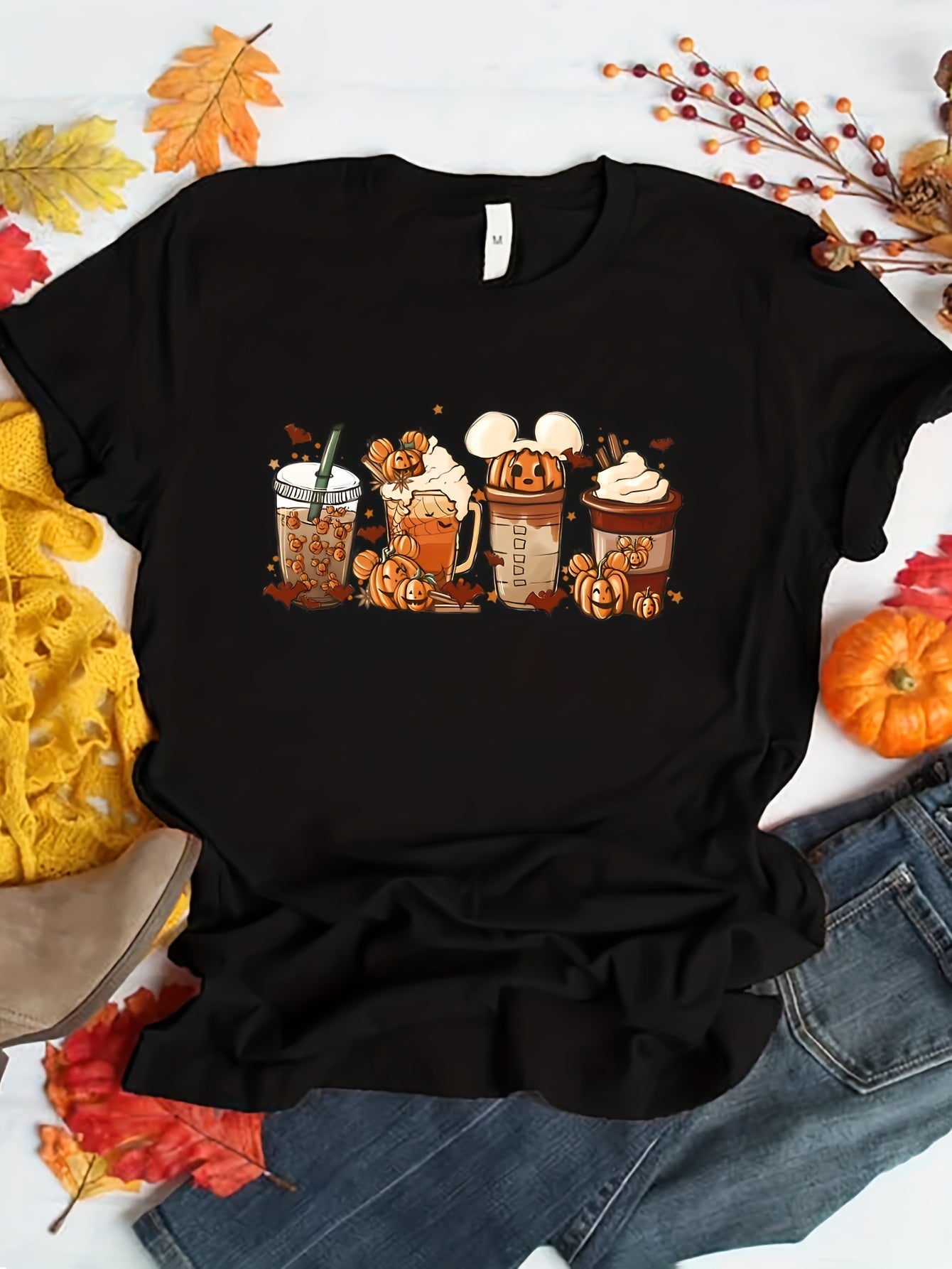 Halloween Drinking Print Summer T-shirt, Casual Short Sleeve Crew Neck Tee, Women's Clothing