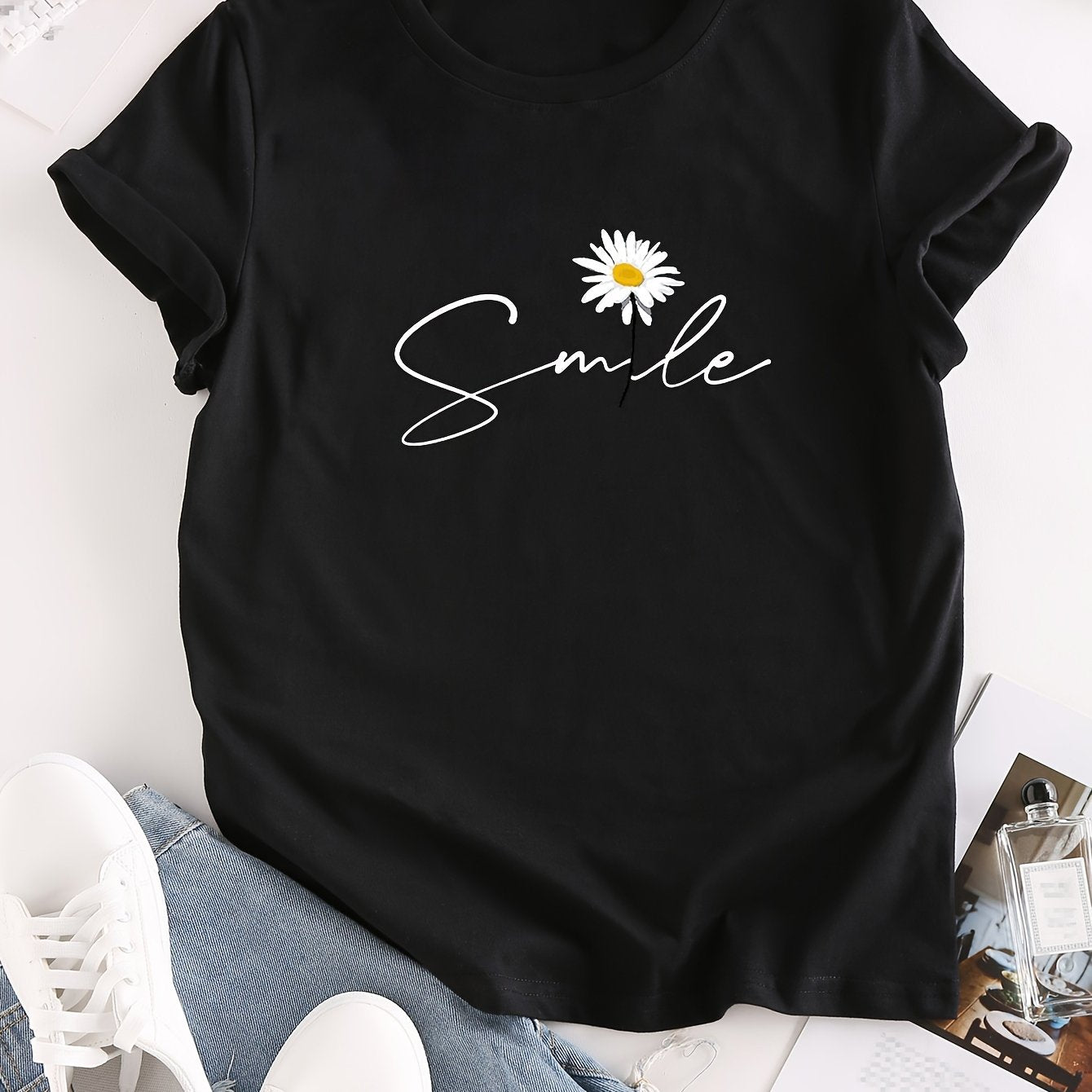 Vibrant Flower & Letter Print Crew Neck T-Shirt - Relaxed Fit, Short Sleeve, Classic Style - Perfect for Spring and Summer, Womens Casual Clothing