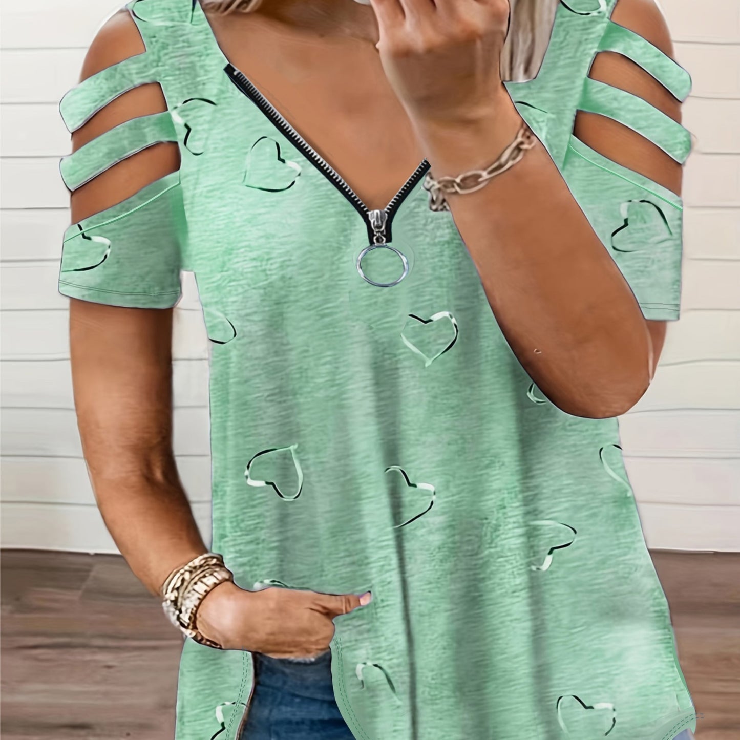 Women's Casual V-Neck Zip-Up T-Shirt with Unique Asymmetrical Geometric Print, Short Sleeves - Lightweight Polyester Blend, Perfect for Spring/Summer/Fall, Autumn Casualwear | Vneck Top | Smooth Fabric