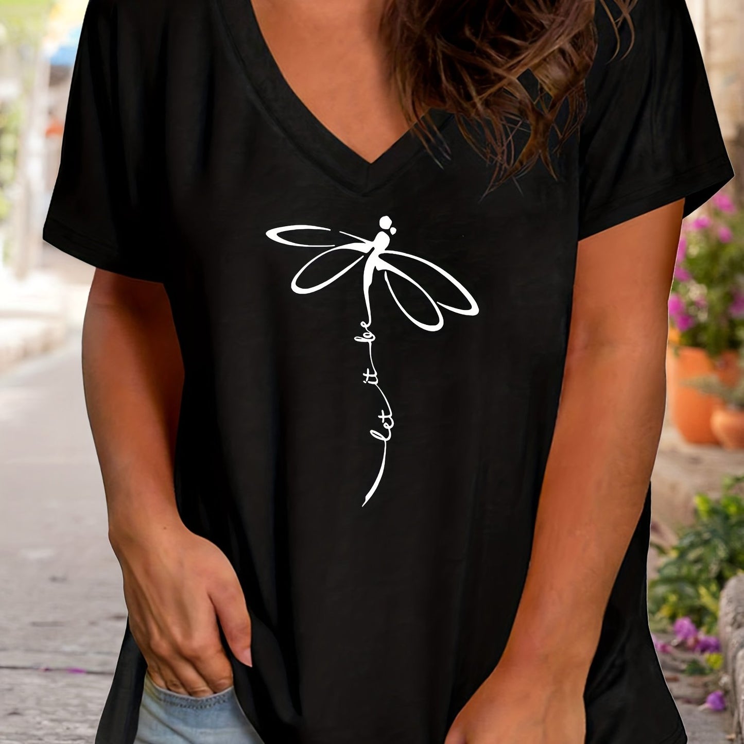 Plus Size Women's Relaxed Fit Graphic Print Short Sleeve V Neck T-Shirt with Slight Stretch for Comfortable Casual Wear