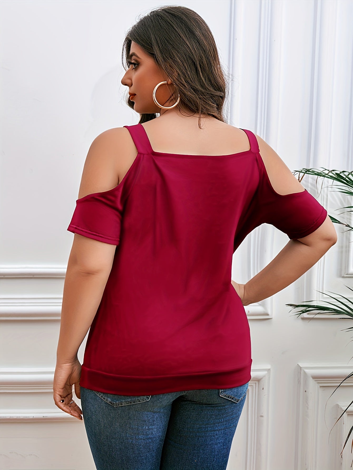 Plus Size Elegant T-shirt - Flattering Fit, Trendy Cold Shoulder, Exquisite Lace Trim, Chic Cowl Neck, Ruched Details for a Slimming Effect - Designed for Women