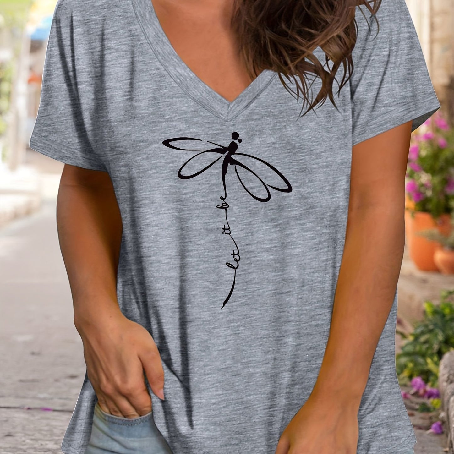 Plus Size Women's Relaxed Fit Graphic Print Short Sleeve V Neck T-Shirt with Slight Stretch for Comfortable Casual Wear