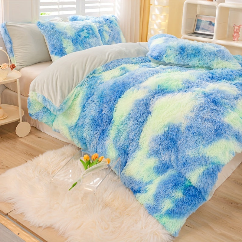 3pcs Y2K Tie Dye Plush Duvet Cover Set ( 1 Duvet Cover + 2 Pillowcase), Soft & Warm Bedding Set
