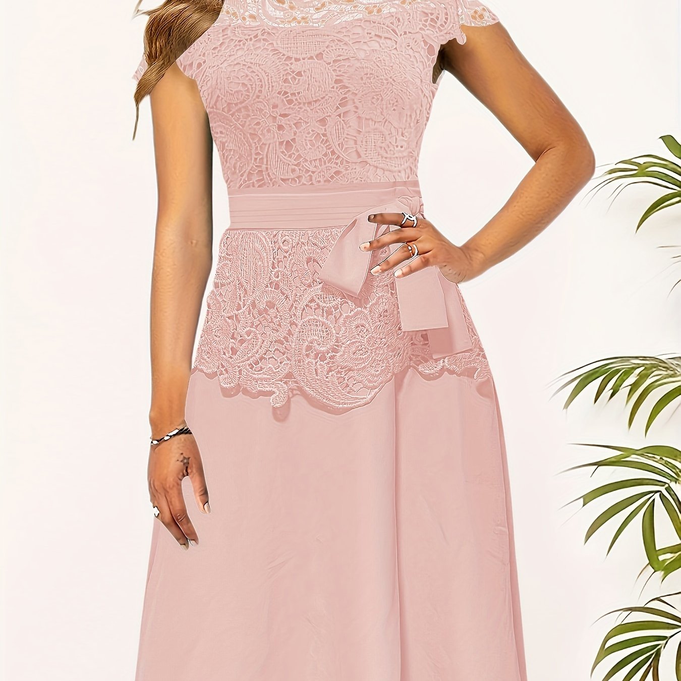 Women's Elegant Contrast Lace Panel A-Line Dress - Round Neck Short Sleeve Flared Skirt, Machine Washable Solid Black for Spring/Fall Casual & Formal Occasions, Spring Fall Attire, Sophisticated Tailoring