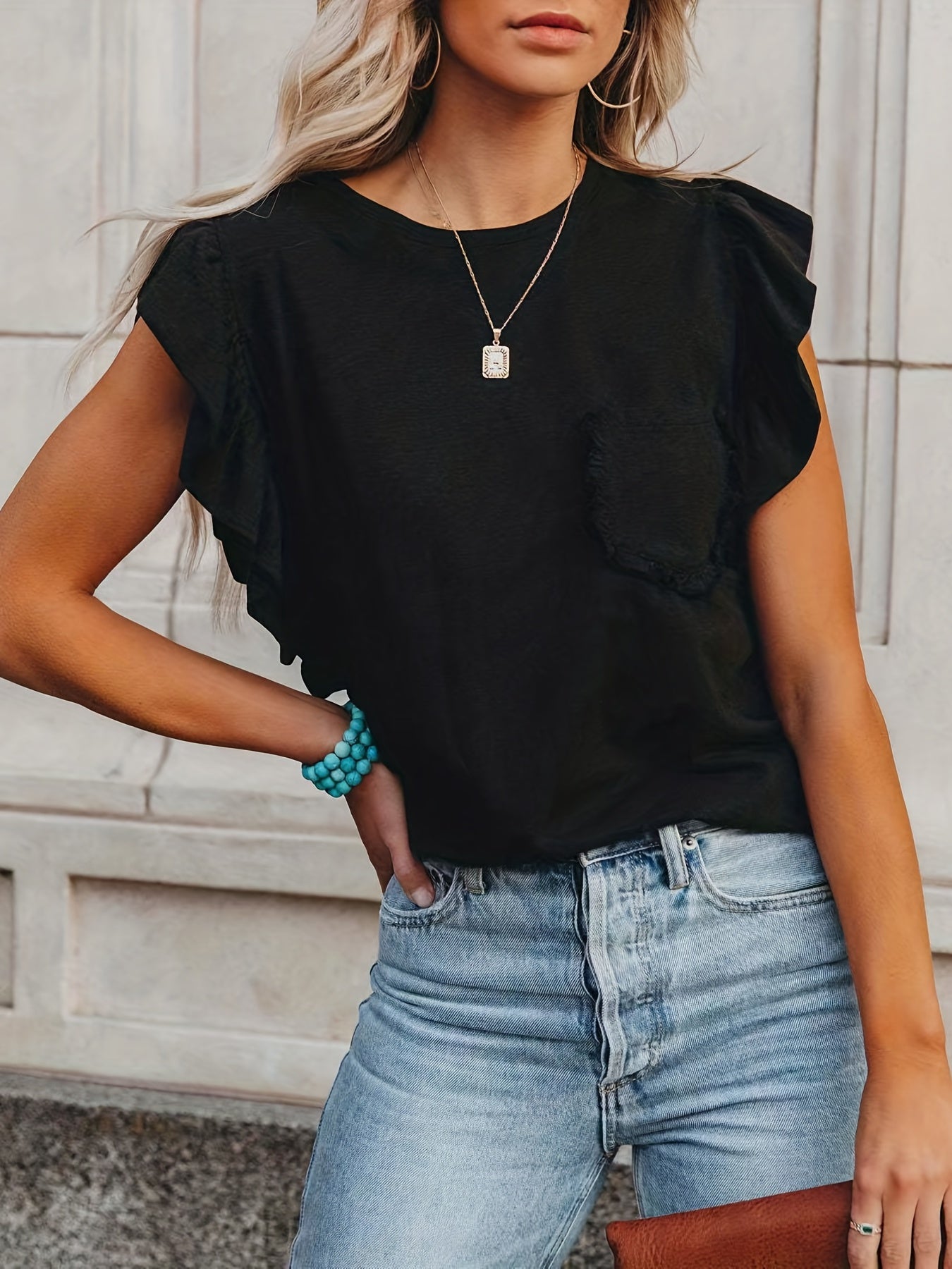 Flirty Ruffle Trim T-shirt - Versatile Solid Color, Crew Neck with Pocket - Perfect Summer Wear for Women