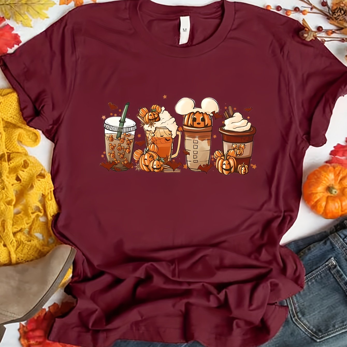 Halloween Drinking Print Summer T-shirt, Casual Short Sleeve Crew Neck Tee, Women's Clothing