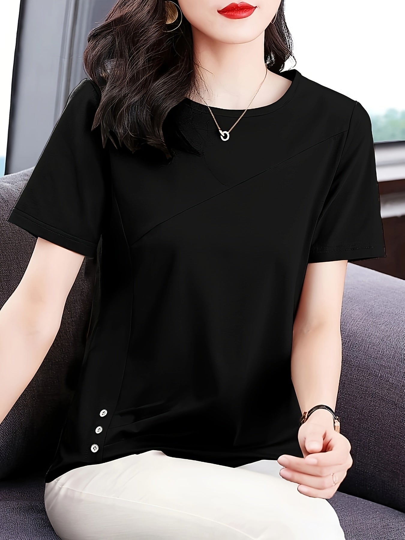 Versatile Crew Neck Solid Color Short Sleeve T-shirt - Soft Polyester Fabric, Classic Casual Style, Regular Length, No Elasticity, No Printing, Suitable for All Seasons - Womens Essential Wardrobe Staple