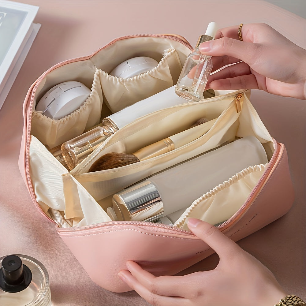 Women's Waterproof PU Leather Cosmetic Bag - Spacious Organizer with Dividers & Handle