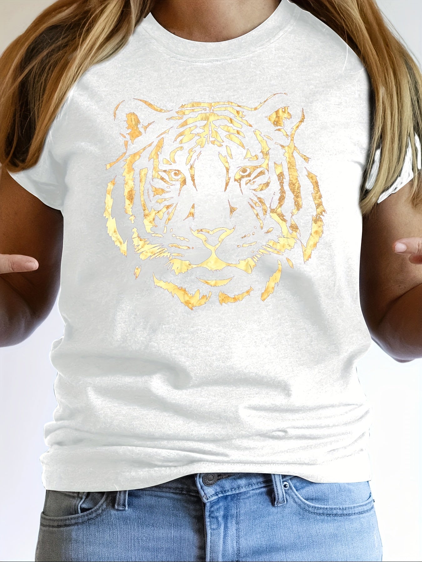 Vibrant Tiger Print Crew Neck T-Shirt - Soft, Breathable, Short Sleeve Top for Spring & Summer - Women's Casual Clothing for Everyday Wear, Relaxed Fit, Perfect for Outdoor Activities