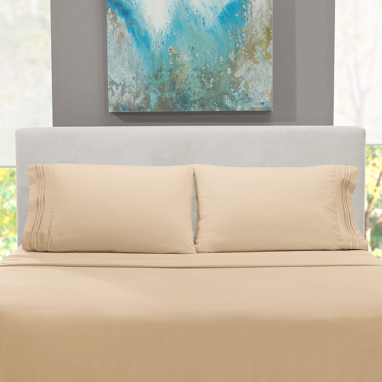 3/4pcs Luxurious Beige Embroidered Bedding Set - Soft Elegance, 1 Flat Sheet, 1 Fitted Sheet, 1/2 Pillowcases - Cozy Bedroom Essentials for Revitalized Sleep