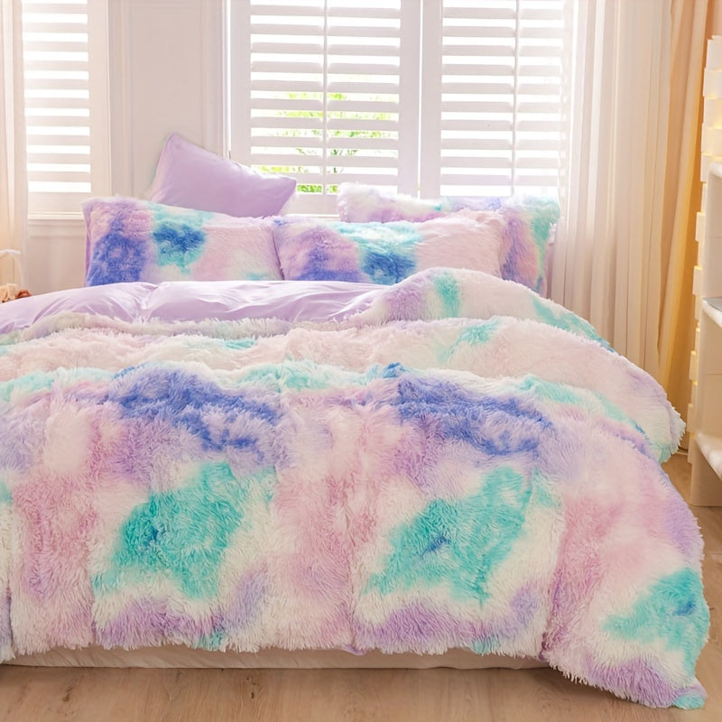 3pcs Y2K Tie Dye Plush Duvet Cover Set ( 1 Duvet Cover + 2 Pillowcase), Soft & Warm Bedding Set