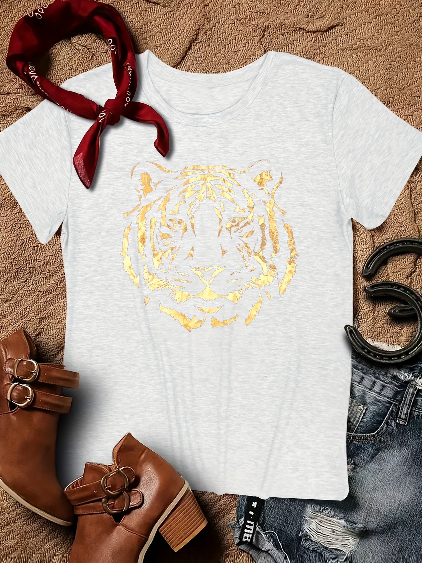 Vibrant Tiger Print Crew Neck T-Shirt - Soft, Breathable, Short Sleeve Top for Spring & Summer - Women's Casual Clothing for Everyday Wear, Relaxed Fit, Perfect for Outdoor Activities
