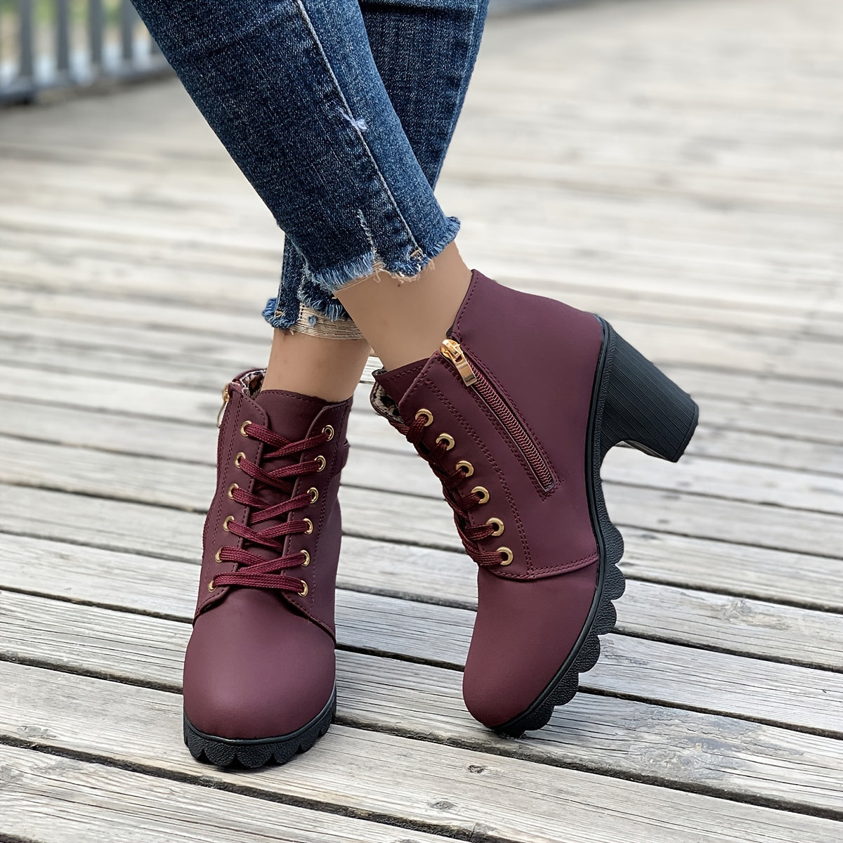 Women's Chunky Heel Ankle Boots - Black Faux Cover Lace-Up Side Zipper Booties with Golden Accents, Cap Toe & Comfortable Block Heel for Casual Outings