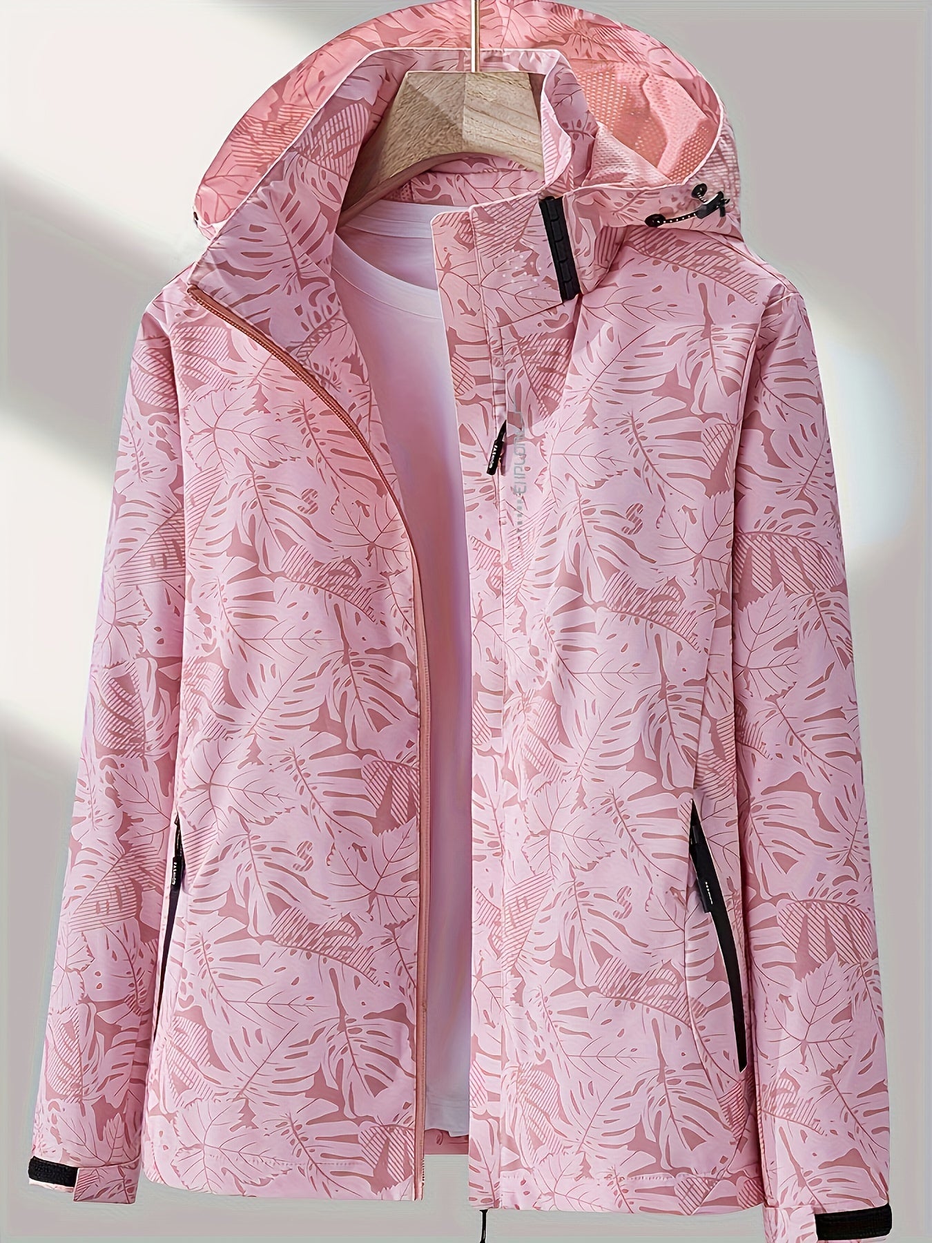Women'S Lightweight Hooded Jacket - Casual Zip-Up Outdoor with Tropical Leaf Print, Removable Hood & Adjustable Cuffs for Spring Summer Fall, Hiking, Travel, Camping, Camping Gear