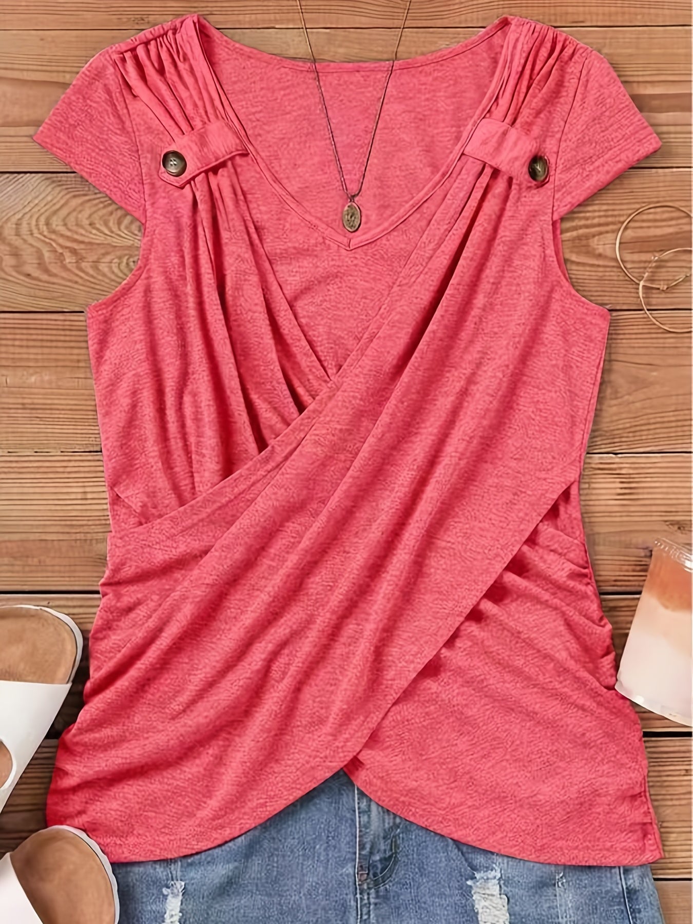 Ruched Button Decor Crew Neck T-Shirt, Casual Short Sleeve Top For Spring & Summer, Women's Clothing