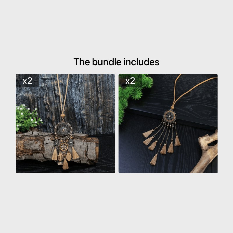 Brown Boho Ladies Pendant Necklace 1 Round Hollow Pendant Set With Rhinestone And Khaki Chain Tassel Jewelry