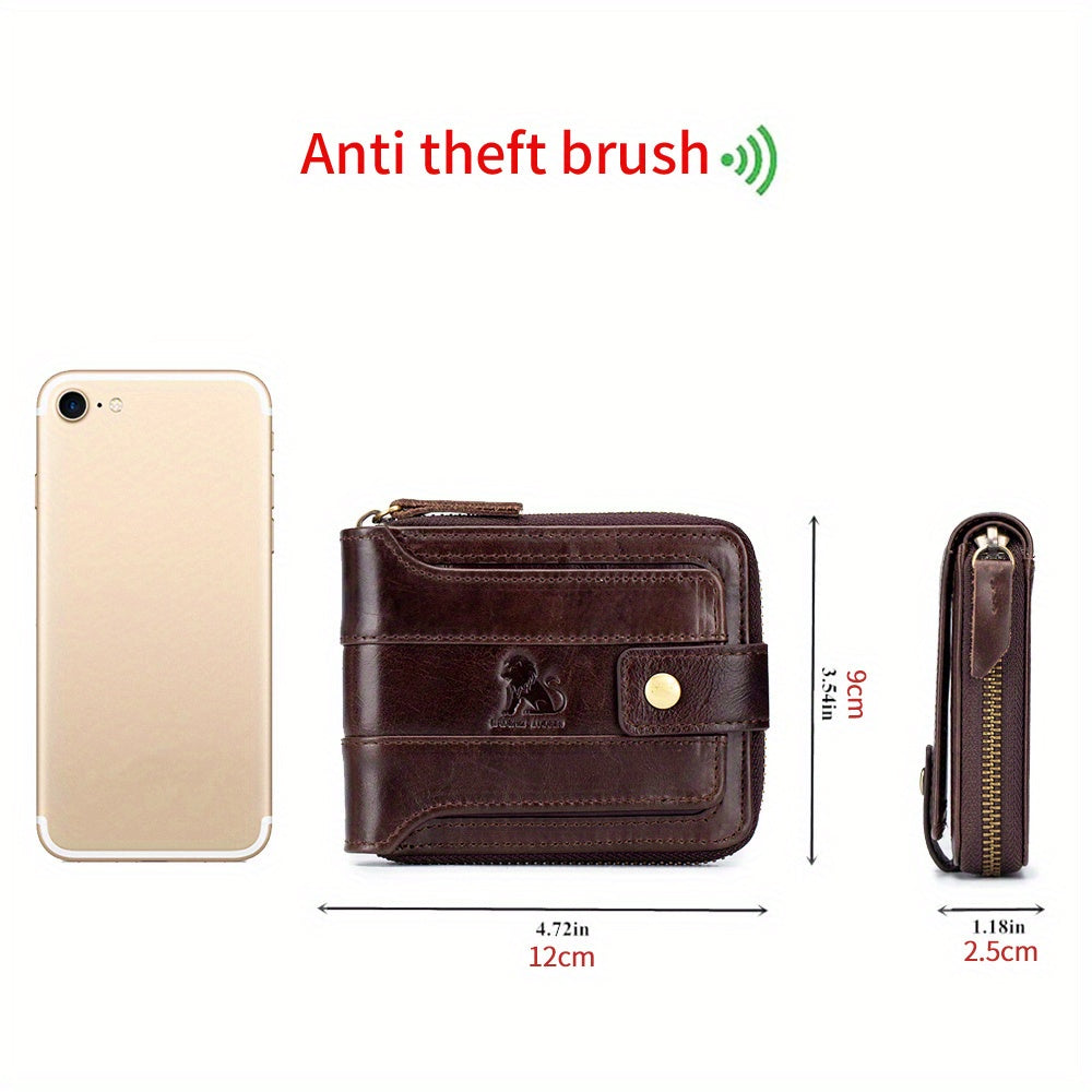 Men's Retro Genuine Leather Multi-Card Wallet with Zip, Large Capacity, Anti-Theft