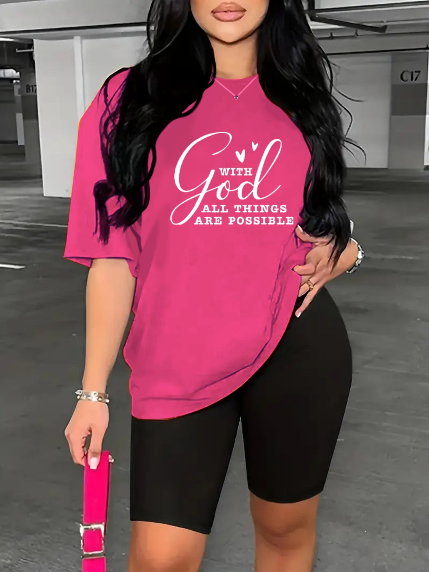 2-Piece "With God All Things Are Possible" Print Summer Shirt And Shorts Set, Casual Sportswear For Women, T-Shirt & Athletic Shorts Outfit