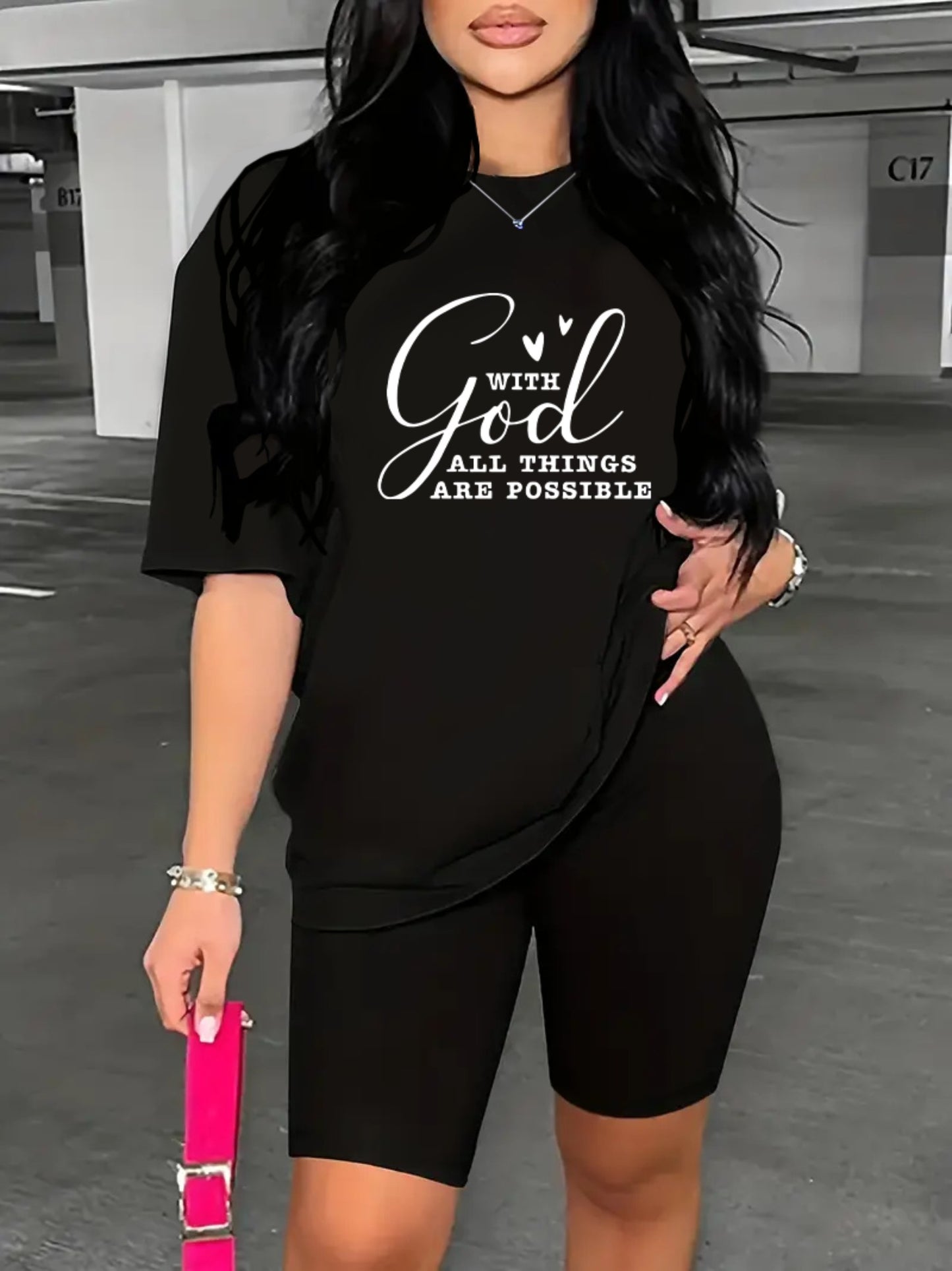 2-Piece "With God All Things Are Possible" Print Summer Shirt And Shorts Set, Casual Sportswear For Women, T-Shirt & Athletic Shorts Outfit