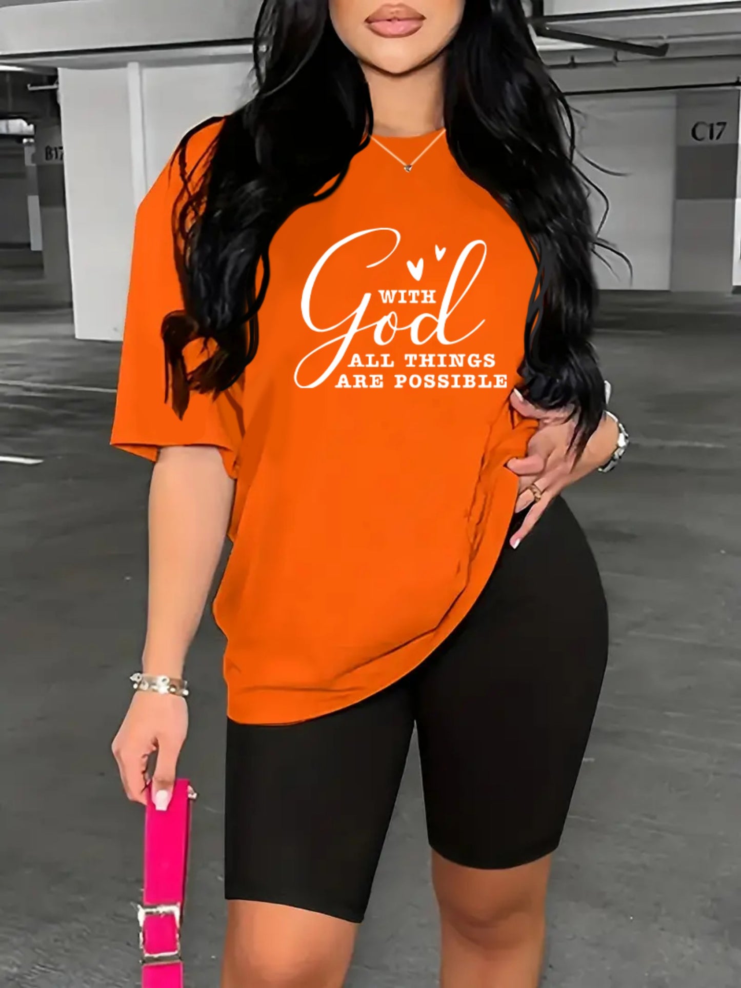 2-Piece "With God All Things Are Possible" Print Summer Shirt And Shorts Set, Casual Sportswear For Women, T-Shirt & Athletic Shorts Outfit