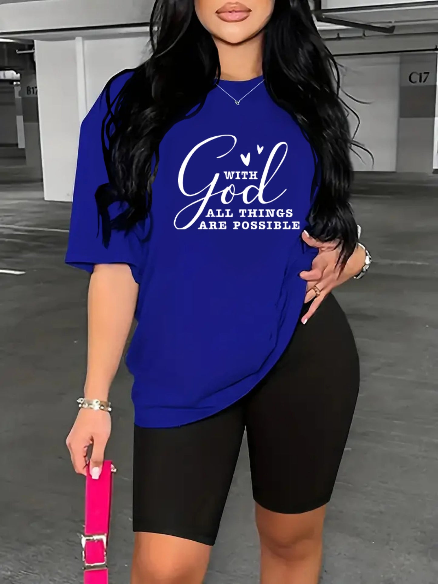 2-Piece "With God All Things Are Possible" Print Summer Shirt And Shorts Set, Casual Sportswear For Women, T-Shirt & Athletic Shorts Outfit