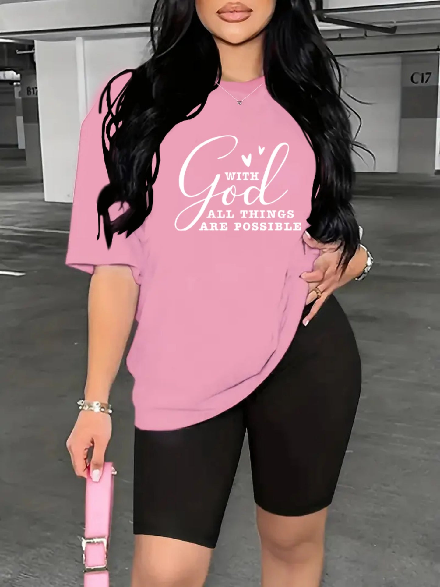 2-Piece "With God All Things Are Possible" Print Summer Shirt And Shorts Set, Casual Sportswear For Women, T-Shirt & Athletic Shorts Outfit