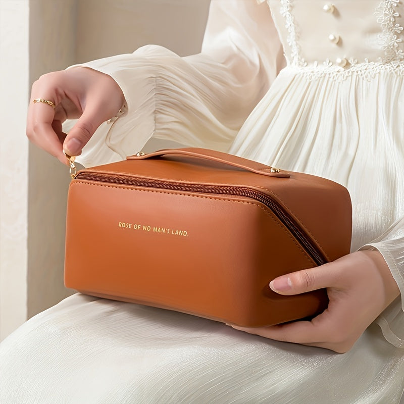 Women's Waterproof PU Leather Cosmetic Bag - Spacious Organizer with Dividers & Handle
