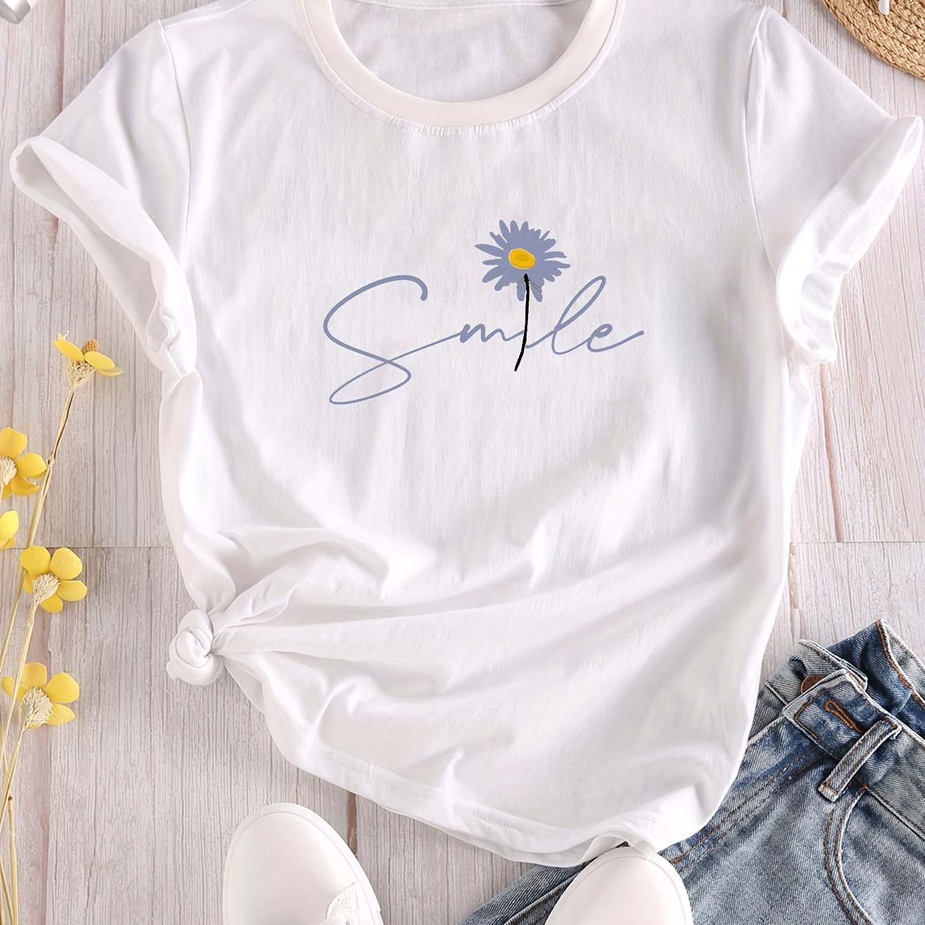 Vibrant Flower & Letter Print Crew Neck T-Shirt - Relaxed Fit, Short Sleeve, Classic Style - Perfect for Spring and Summer, Womens Casual Clothing