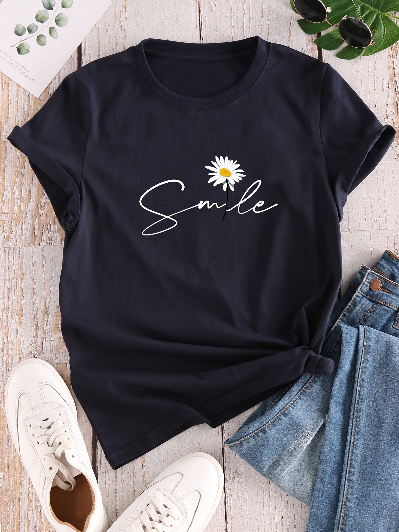 Vibrant Flower & Letter Print Crew Neck T-Shirt - Relaxed Fit, Short Sleeve, Classic Style - Perfect for Spring and Summer, Womens Casual Clothing