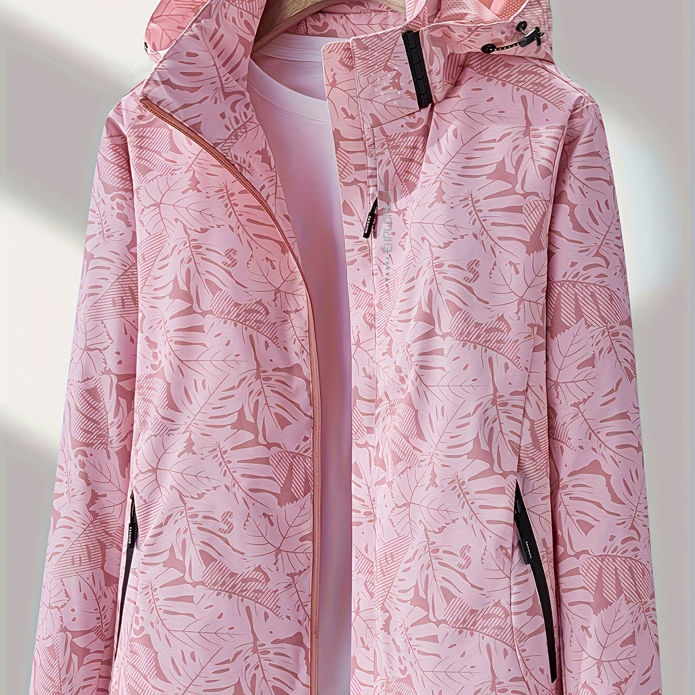 Women'S Lightweight Hooded Jacket - Casual Zip-Up Outdoor with Tropical Leaf Print, Removable Hood & Adjustable Cuffs for Spring Summer Fall, Hiking, Travel, Camping, Camping Gear
