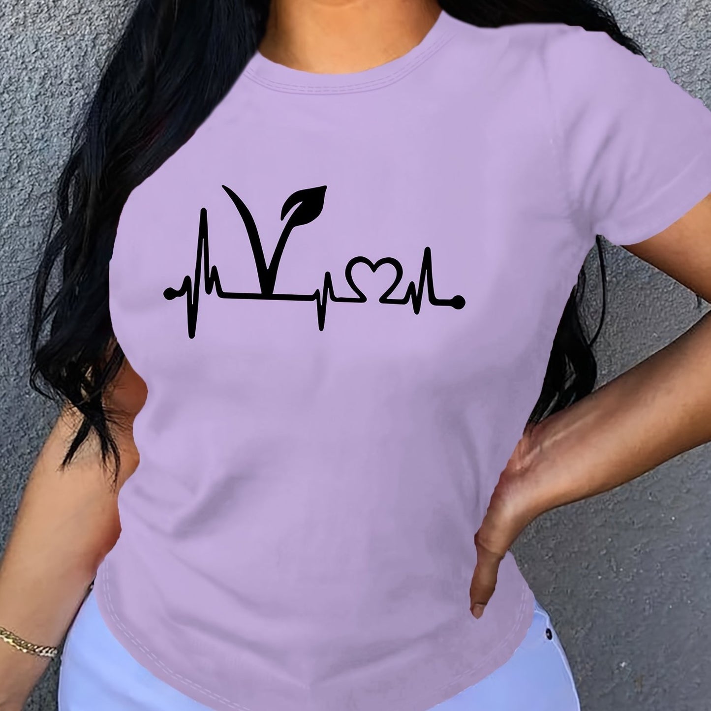Plant Print Short Sleeve T-Shirt, Crew Neck Casual Top For Summer & Spring, Women's Clothing