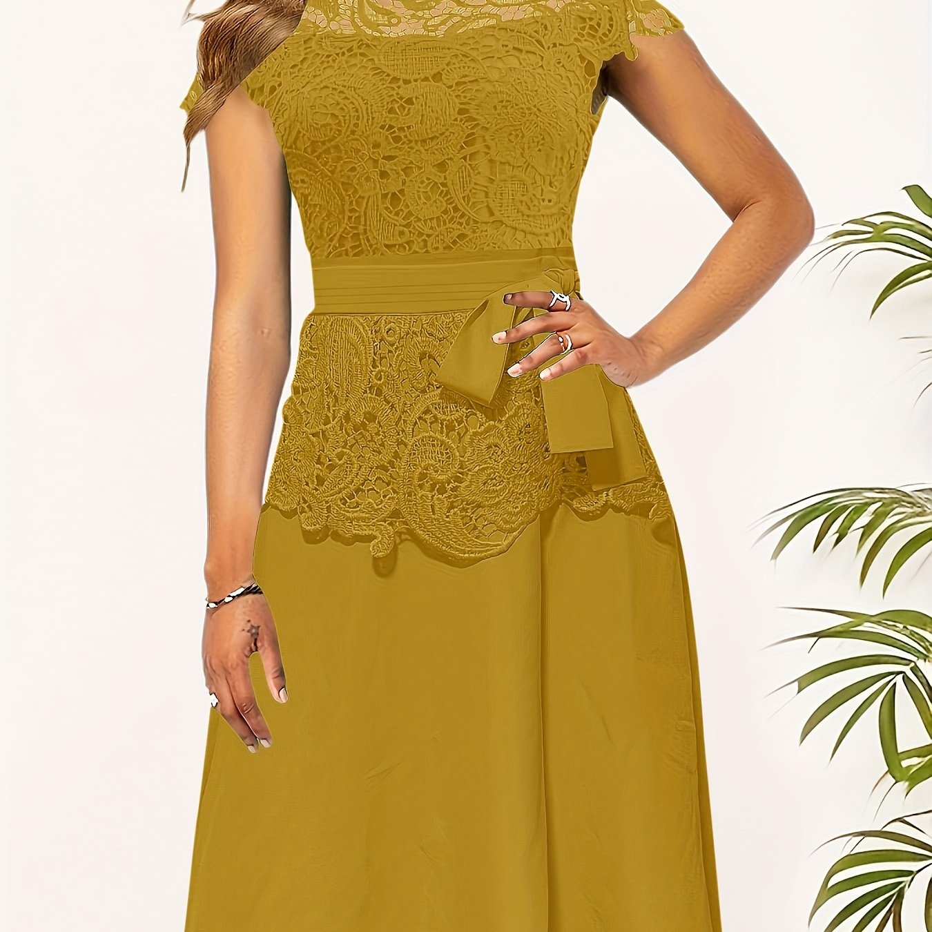 Women's Elegant Contrast Lace Panel A-Line Dress - Round Neck Short Sleeve Flared Skirt, Machine Washable Solid Black for Spring/Fall Casual & Formal Occasions, Spring Fall Attire, Sophisticated Tailoring