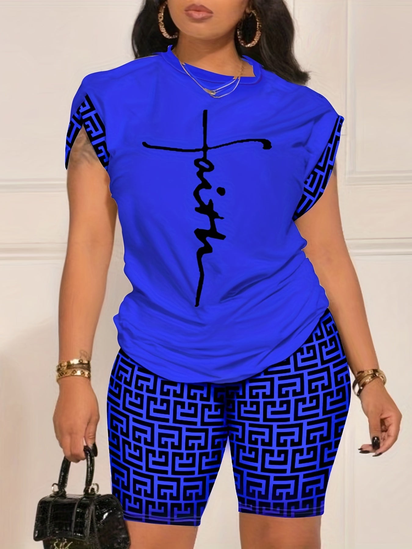 Two-Piece Geo Print Matching Set - Casual Short Sleeve Crew Neck T-Shirt & Biker Shorts Outfit - Polyester Knit Fabric, Mid Elasticity, Positioning Printing, All Seasons, Regular Fit