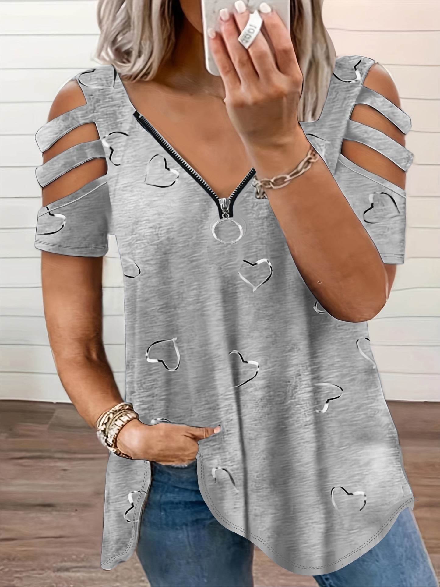 Women's Casual V-Neck Zip-Up T-Shirt with Unique Asymmetrical Geometric Print, Short Sleeves - Lightweight Polyester Blend, Perfect for Spring/Summer/Fall, Autumn Casualwear | Vneck Top | Smooth Fabric