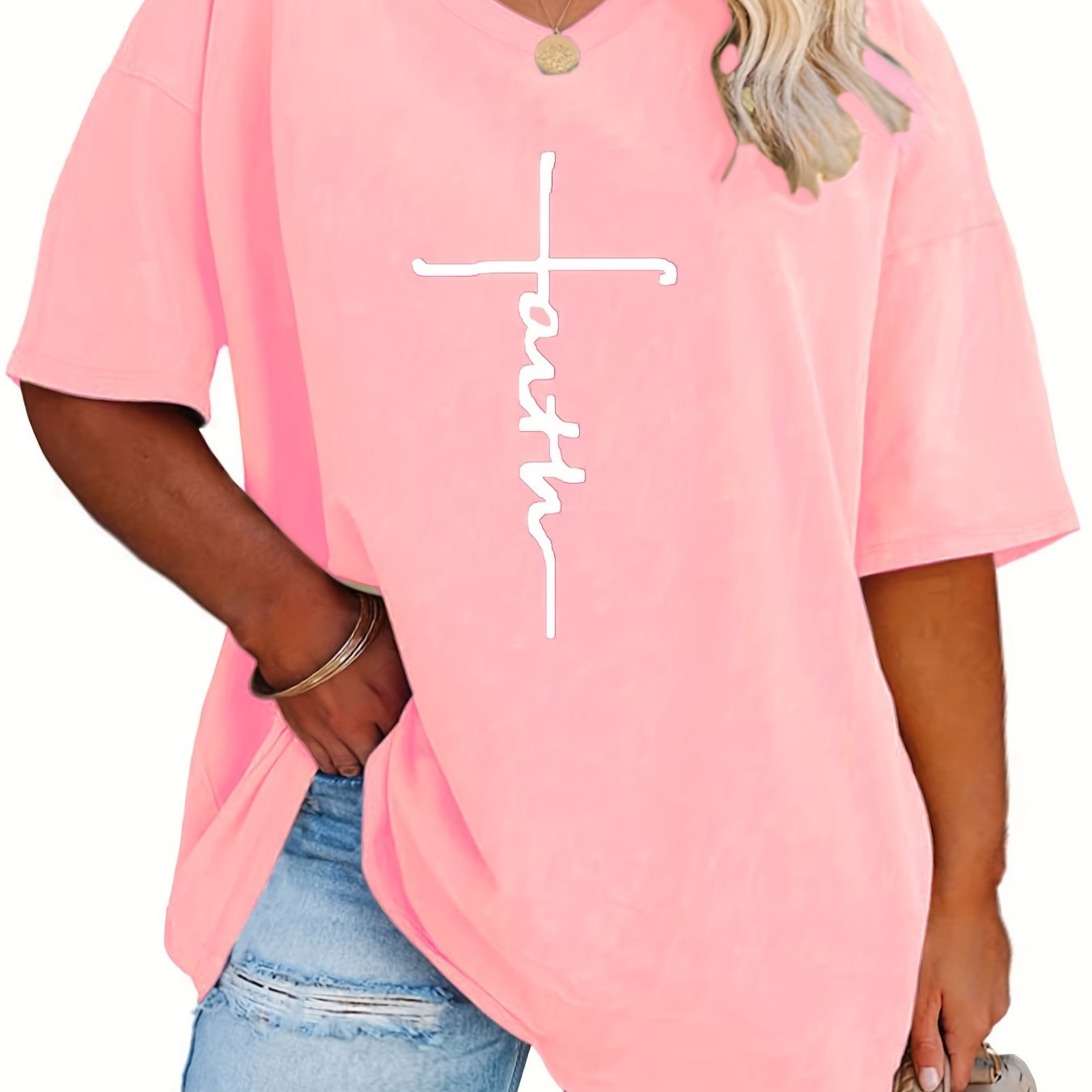 Plus Size Womens V Neck Casual T-shirt - Soft Slight Stretch Polyester Fabric, Alphabets Letter Print, Short Sleeve, Machine Washable - Perfect for Summer