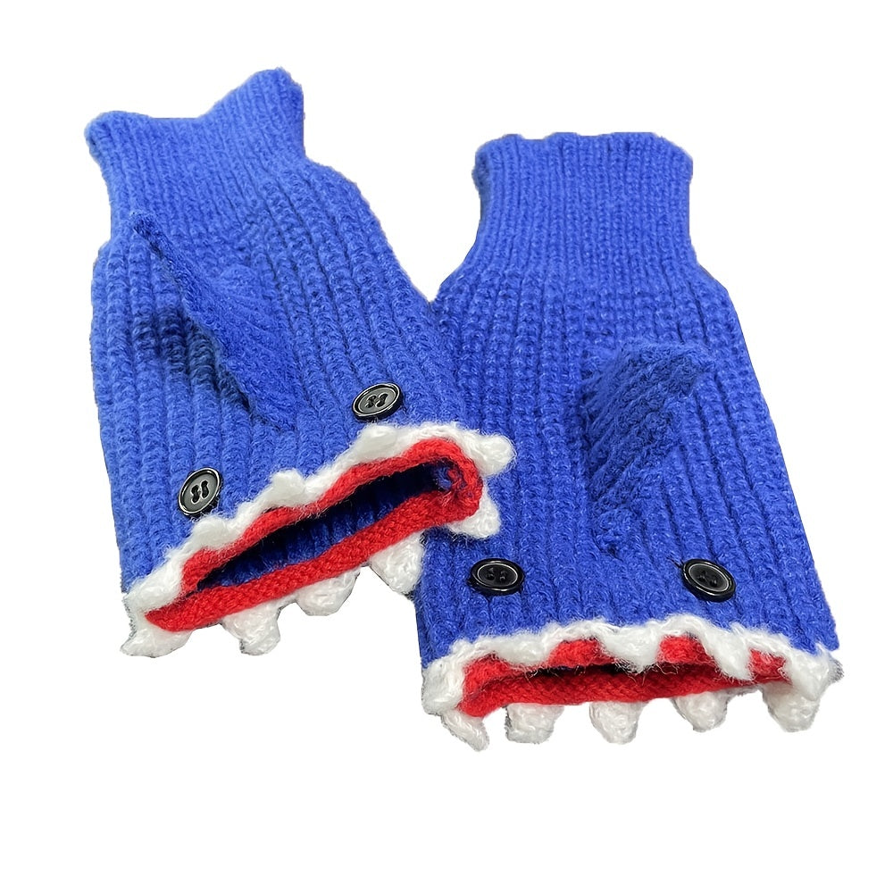 1pair Funny Handmade Shark Gloves - Wool Winter Warm Half-finger Gloves for Christmas Gifts