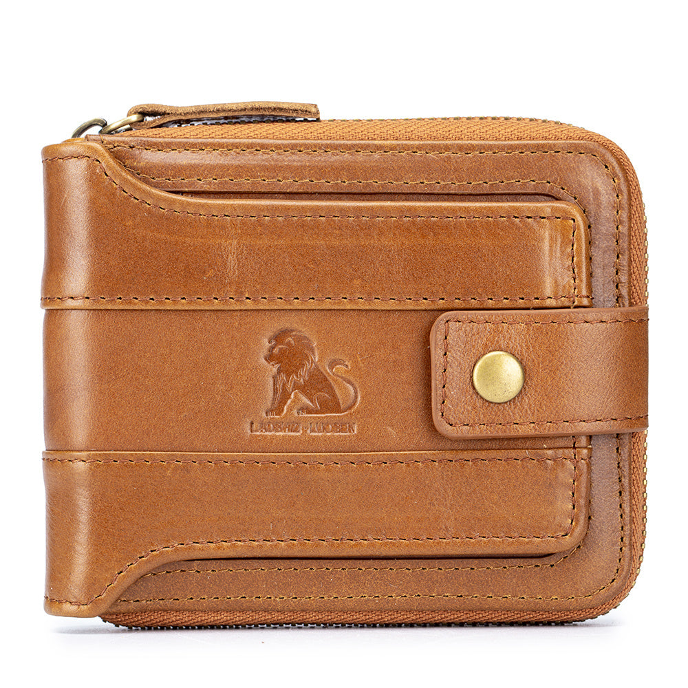 Men's Retro Genuine Leather Multi-Card Wallet with Zip, Large Capacity, Anti-Theft