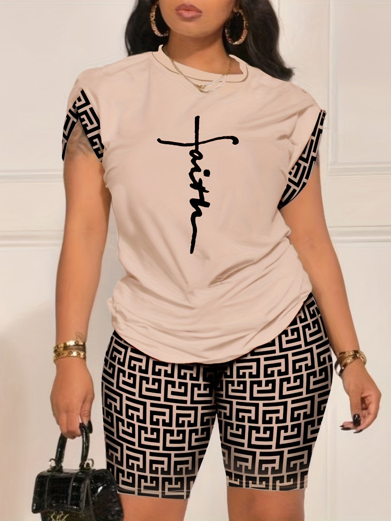 Two-Piece Geo Print Matching Set - Casual Short Sleeve Crew Neck T-Shirt & Biker Shorts Outfit - Polyester Knit Fabric, Mid Elasticity, Positioning Printing, All Seasons, Regular Fit