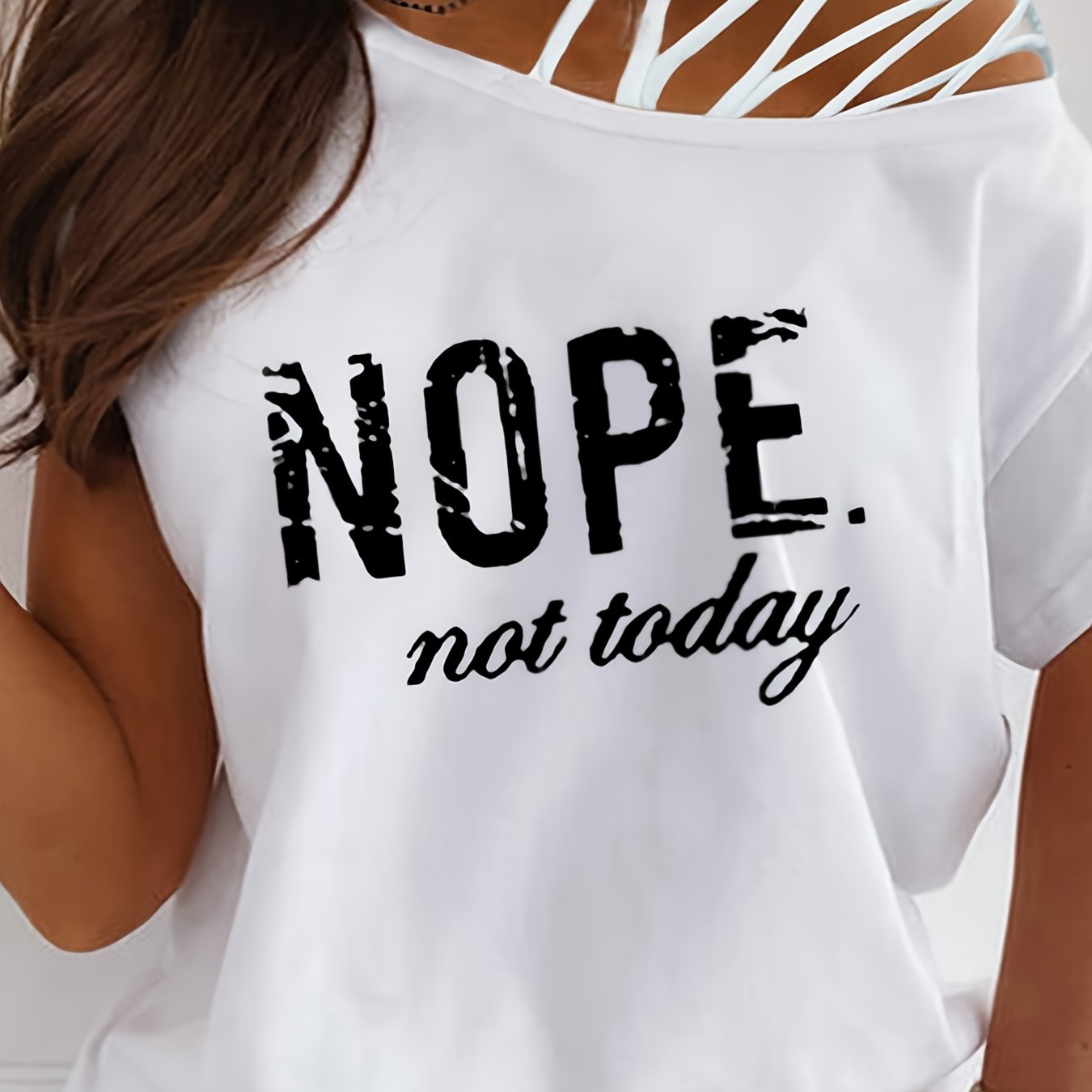 Letter NOPE Print T-shirt, Casual Strappy Short Sleeve T-shirt For Spring & Summer, Women's Clothing