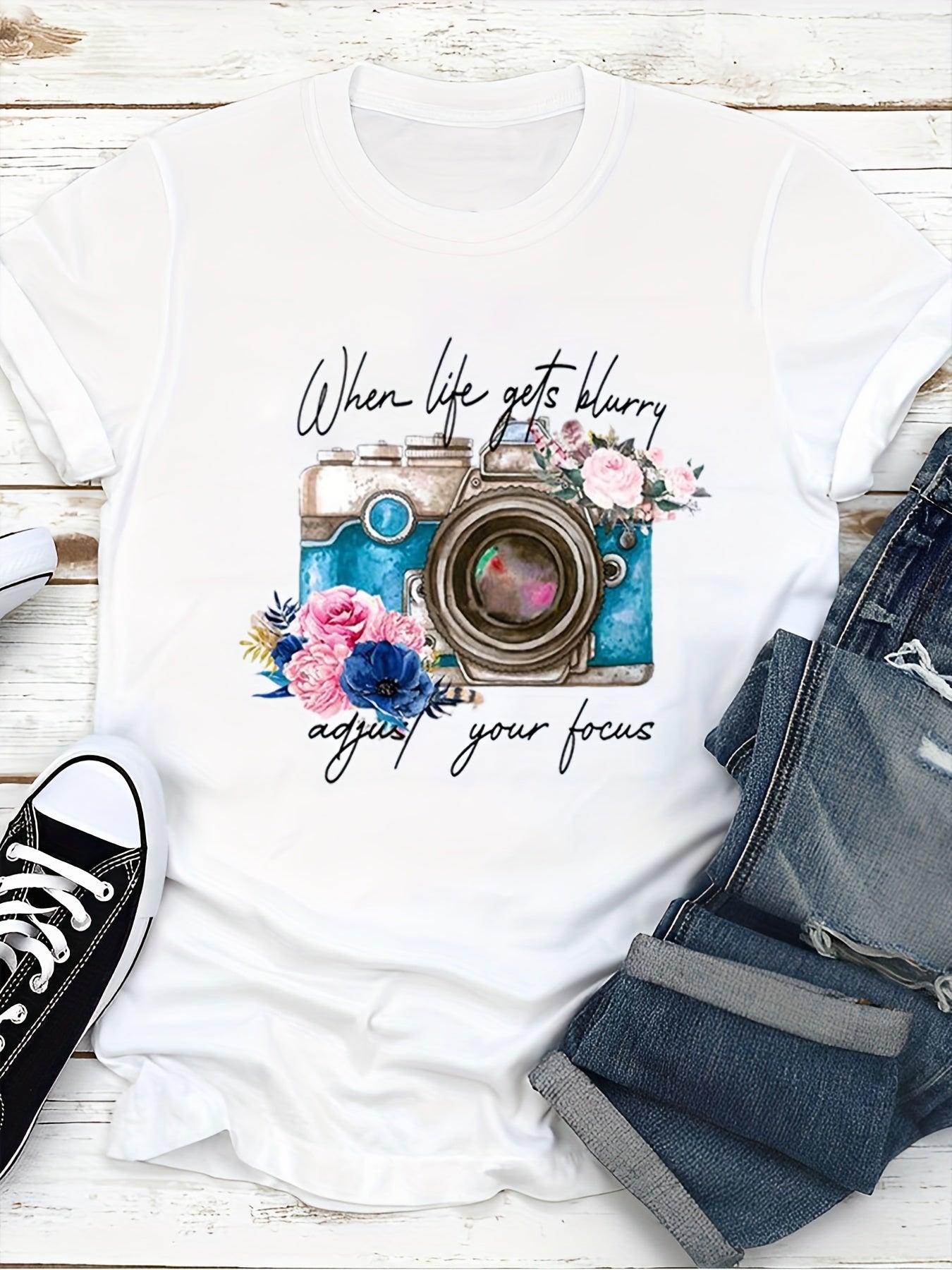 Trendy Flower Camera Print Womens T-Shirt - Soft Cotton Blend, Short Sleeve Crew Neck - Perfect Casual Style for Spring & Summer