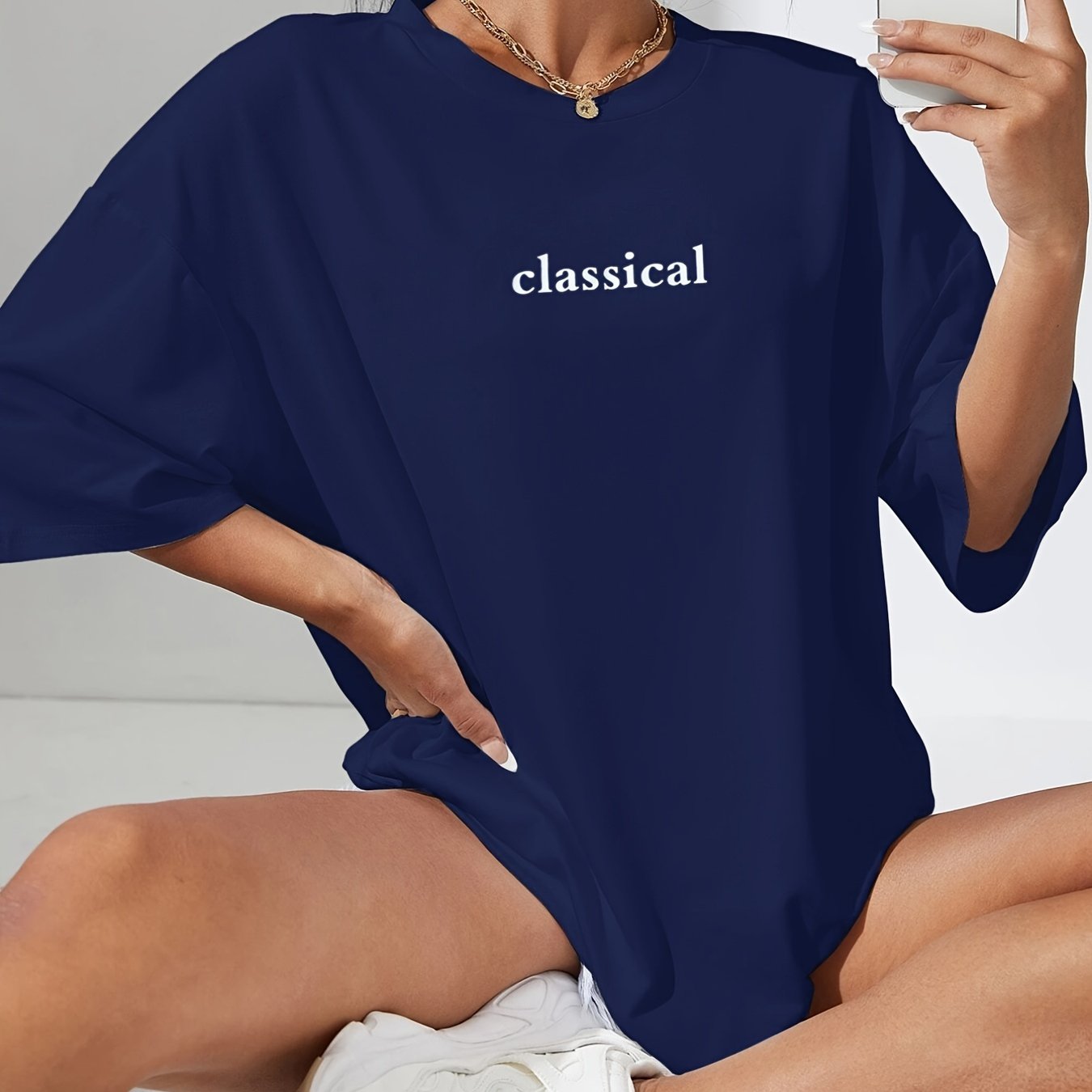 Classical Print Oversized T-Shirt, Crew Neck Casual Top For Summer & Spring, Women's Clothing