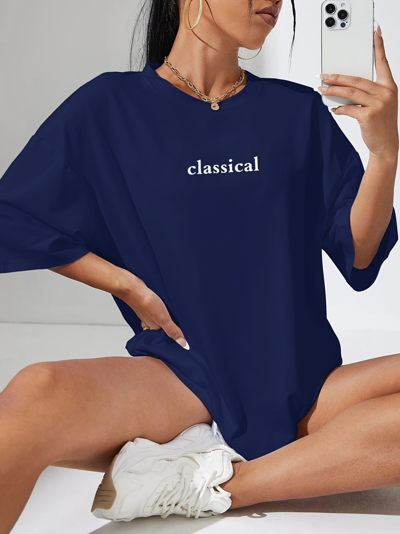 Classical Print Oversized T-Shirt, Crew Neck Casual Top For Summer & Spring, Women's Clothing
