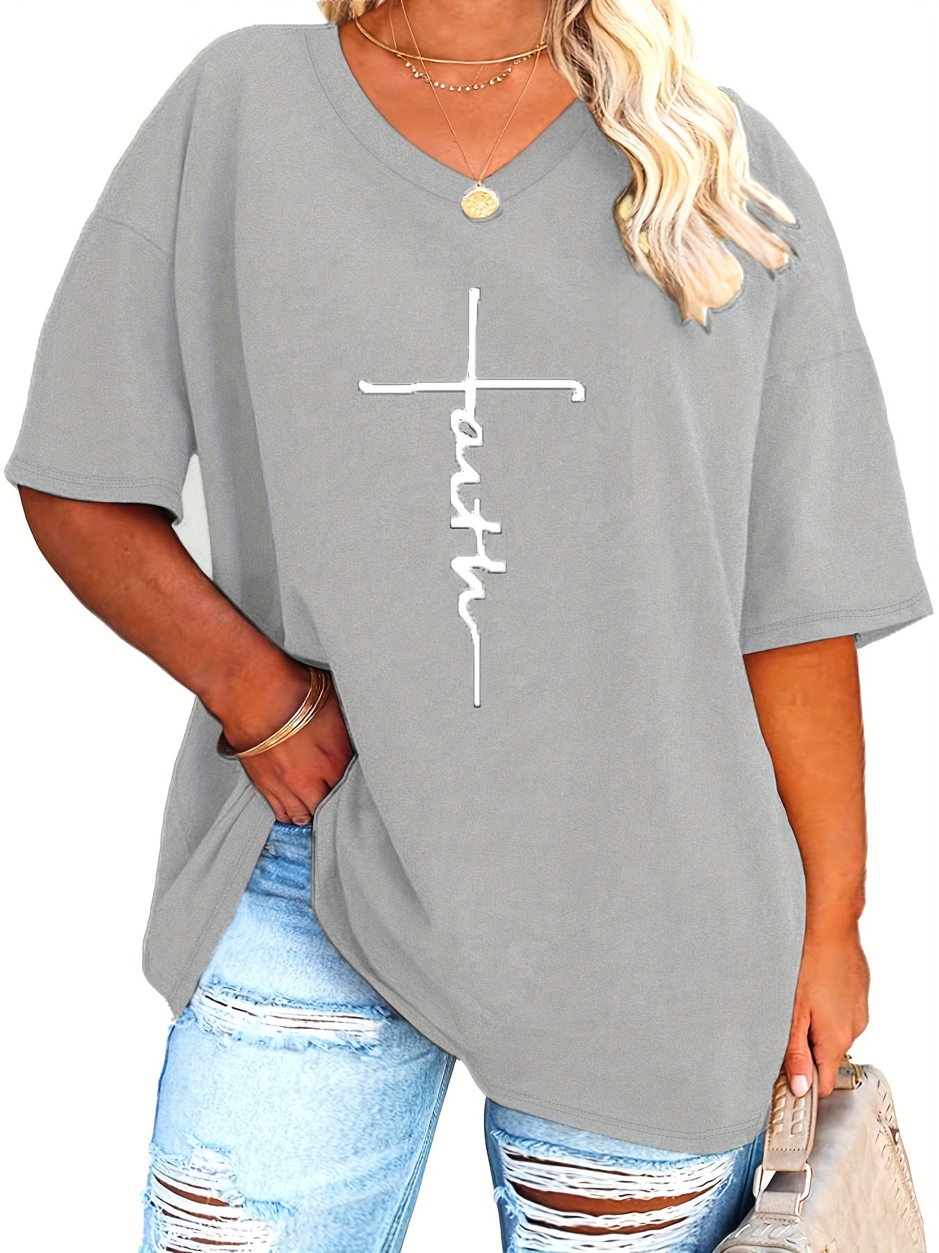 Plus Size Womens V Neck Casual T-shirt - Soft Slight Stretch Polyester Fabric, Alphabets Letter Print, Short Sleeve, Machine Washable - Perfect for Summer