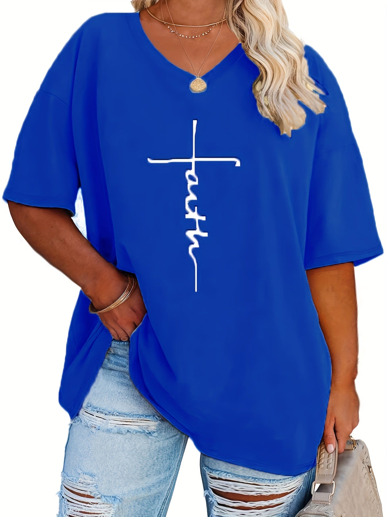 Plus Size Womens V Neck Casual T-shirt - Soft Slight Stretch Polyester Fabric, Alphabets Letter Print, Short Sleeve, Machine Washable - Perfect for Summer