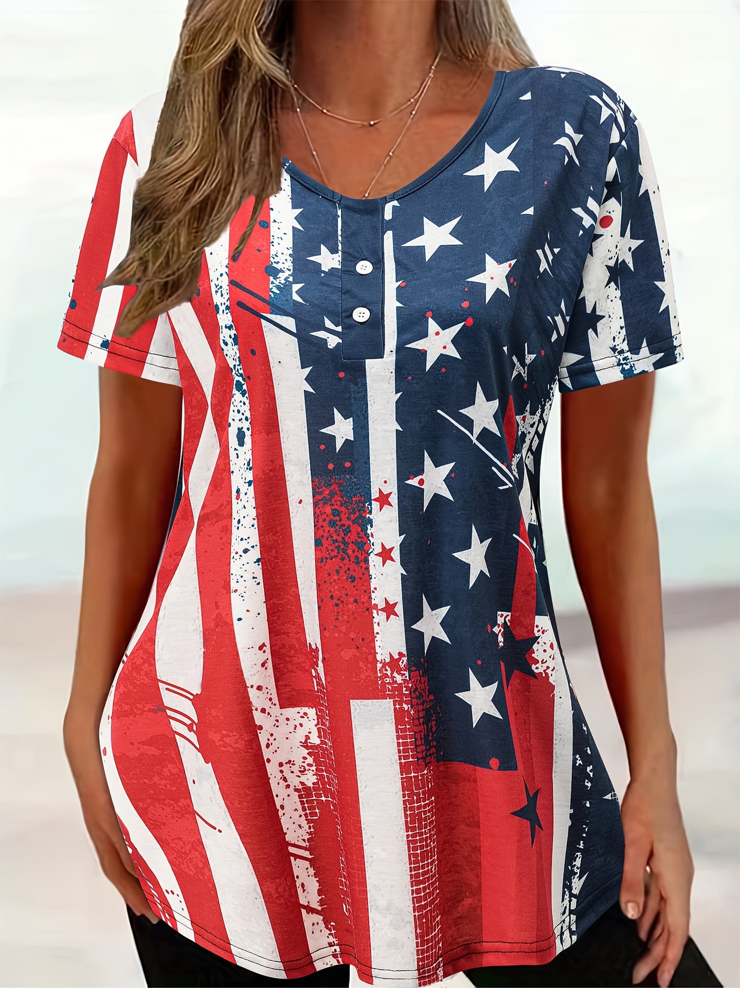 Patriotic Stretch-Cotton T-Shirt - Women's Casual Button-Up, American Flag Print, Perfect for Summer