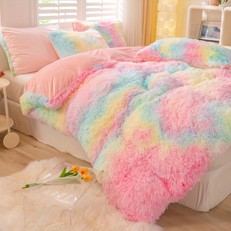 3pcs Y2K Tie Dye Plush Duvet Cover Set ( 1 Duvet Cover + 2 Pillowcase), Soft & Warm Bedding Set