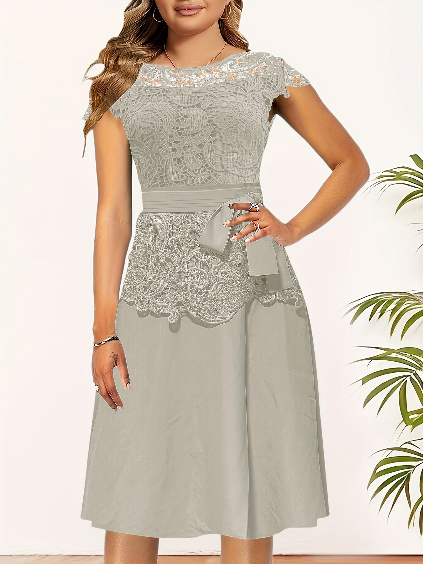 Women's Elegant Contrast Lace Panel A-Line Dress - Round Neck Short Sleeve Flared Skirt, Machine Washable Solid Black for Spring/Fall Casual & Formal Occasions, Spring Fall Attire, Sophisticated Tailoring